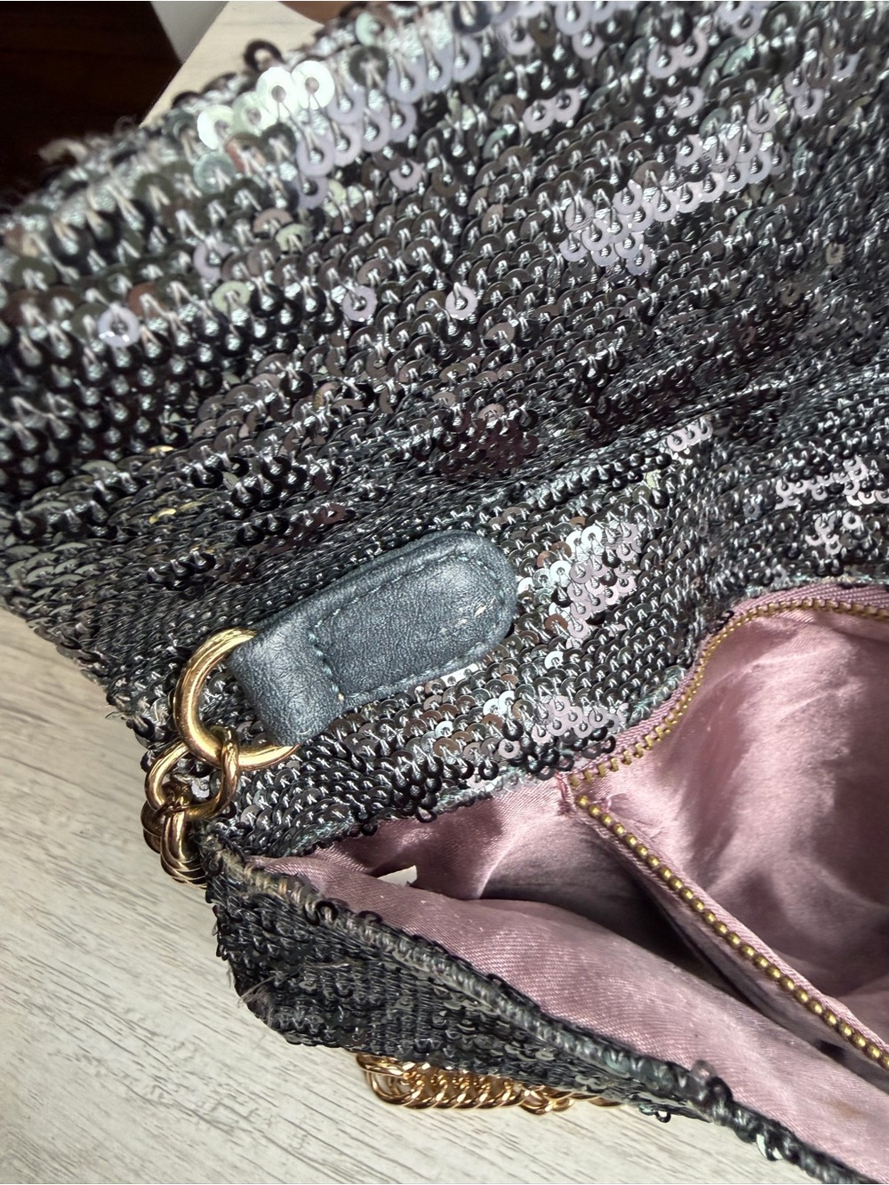 Deux Lux Sequin Shoulder Bag Black Silver Clutch Purse - Picture 12 of 15